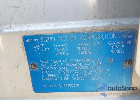 2008 Suzuki Sx4 Sport Convenience/Sport Road Trip Edition Touring 2 из США, поврежденный, VIN JS2YC415X85100378